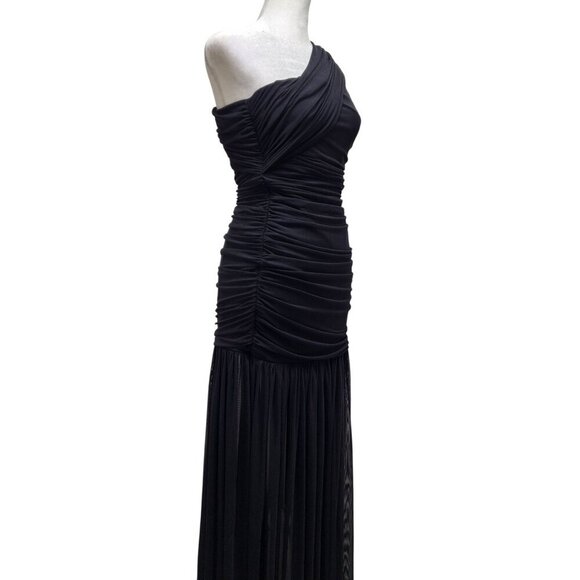 One-Shoulder Black Ruched Evening Gown With Sheer Skirt Size S - Picture 4 of 9
